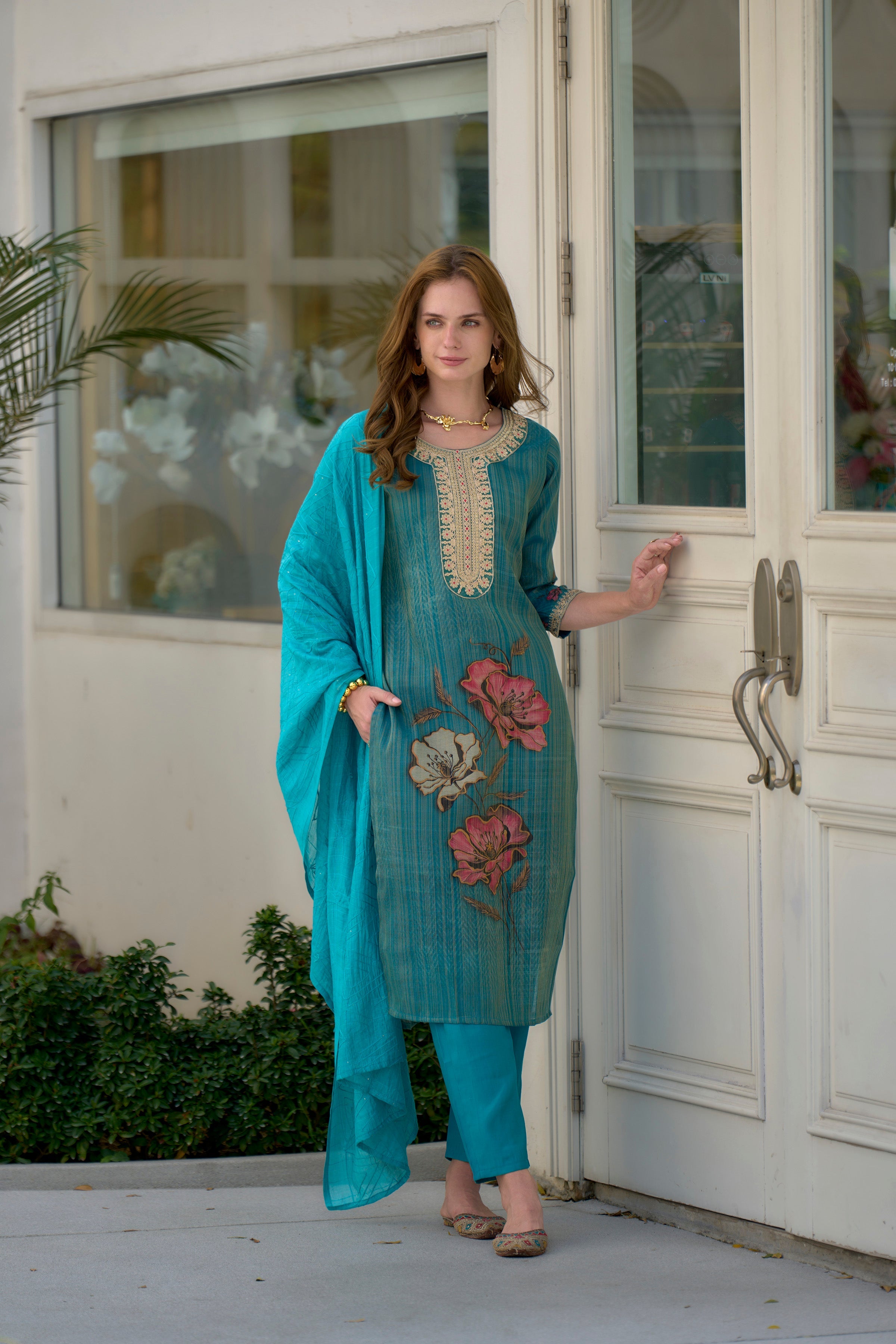 Rama Floral Tissue Kurti Set with 3/4 Sleeves and Viscose Pocket Pant with Dupatta